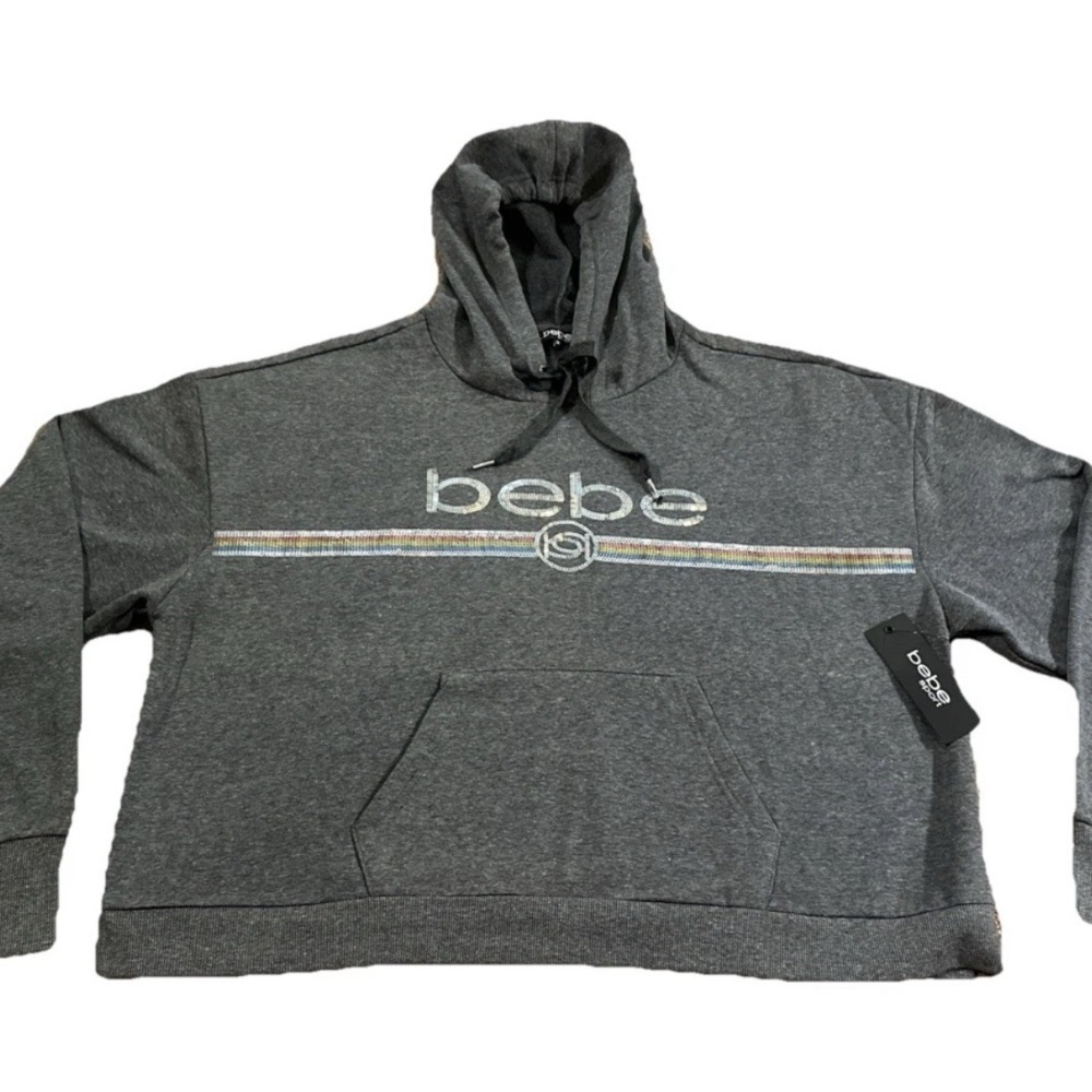 BEBE Gray Rainbow Sequin Logo Crop Plus Size Pullover Hoodie NWT 3XL Extra Large